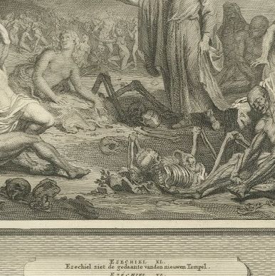 Ezekiel in the Valley of Dry Bones and the New Temple, Mortier, circa 1700, close-up 2