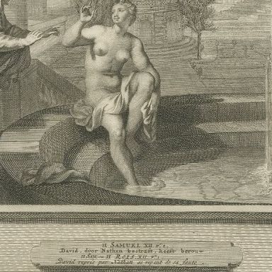 David Sees Bathsheba and Nathan Rebukes David, Pieter Mortier, circa 1700, close-up 2