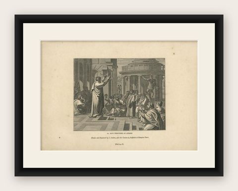 Antique Print of Paul Preaching in Athens, Greece, circa 1835, shown framed