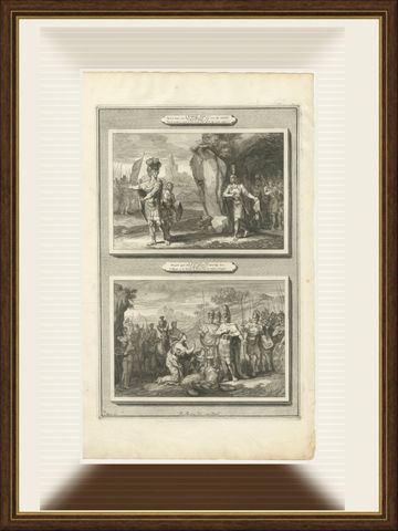 David Spares Saul and Abigail Meets David, Mortier Bible circa 1700, shown framed