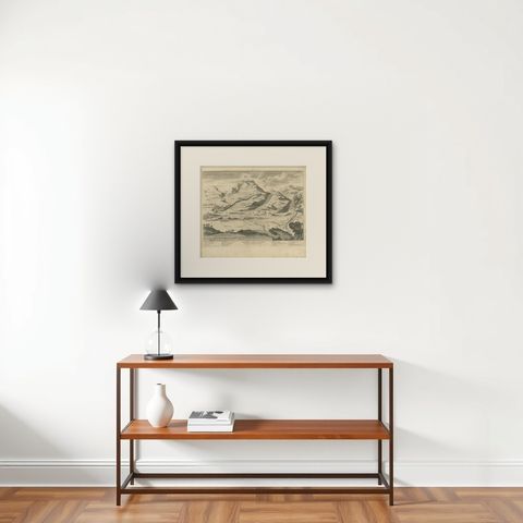 Antique Print Depicting Mount Olivet, East of Jerusalem, 1725, shown framed on a wall, true to size