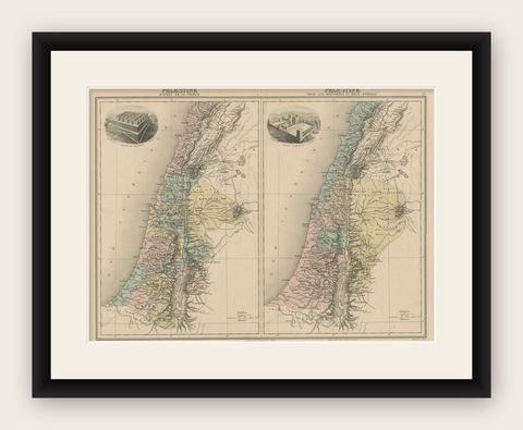 Palestine: Tribes & Maccabees, Antique Map by Migeon, Paris, 1892, shown framed