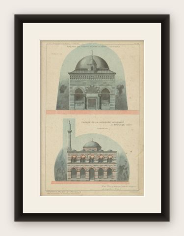 Original 1924 Ottoman Mosque Facades Print, Yeşil Djami Iznik & Muradiye Mosque, shown framed