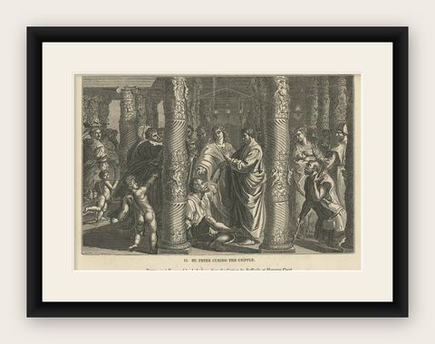 Religious Antique Print of St. Peter Healing the Cripple, 1835, shown framed