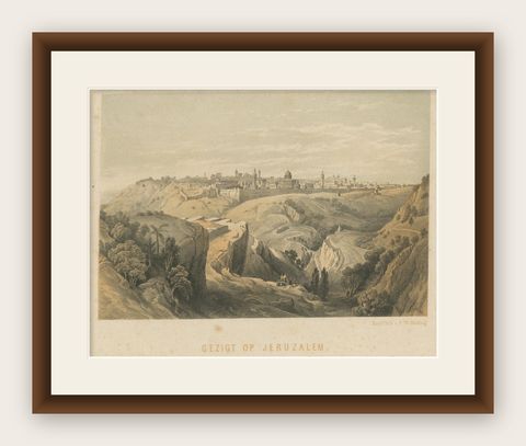 Antique Lithograph of Jerusalem from the Road leading to Bethany, shown framed