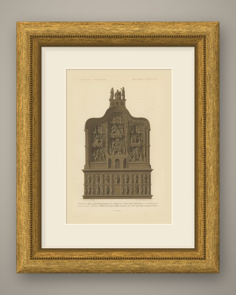 Carved Oak Retable of 1504 from Saint Bavon, Ghent, Antique Print, 1851, shown framed
