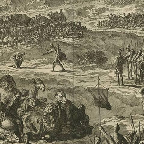Antique Bible Print the Meeting of Jacob and Esau by J. Luyken, 1743, close-up 2