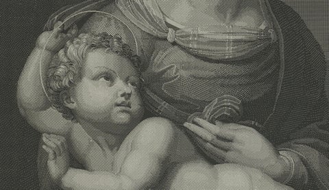 Madonna and Child, Stipple Engraving by Nargeot after Raphael, 1878, close-up 3