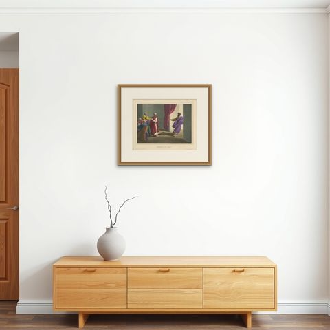 Antique Religious Print 'No. 31' the Despair of Judas, circa 1840, shown framed on a wall, true to size