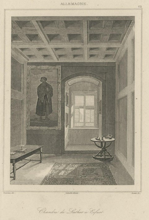 Antique Print of Martin Luther's Monastery Room in Germany, 1838, close-up 1