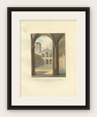 Antique Print of the St. Ambrose Church in Milan by Bonnard, 1860, shown framed