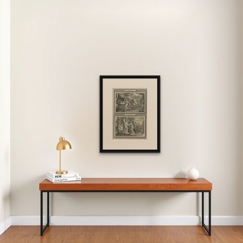 Antique Christian Art Print, Annunciation of Mary & Visitation, Mortier 1700, shown framed on a wall, true to size