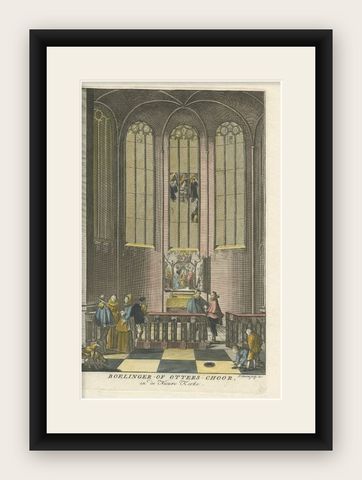 Antique Print of a Church Interior in Amsterdam, The Netherlands, 1765, shown framed
