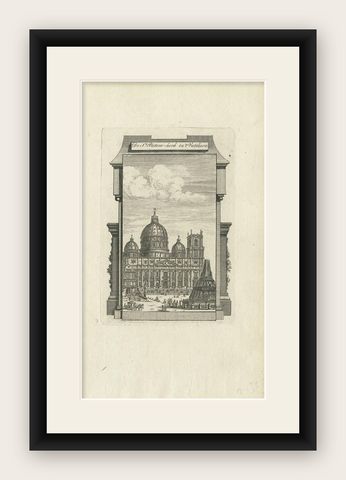 Antique Print of the Exterior of the Papal Basilica of St. Peter, 1779, shown framed