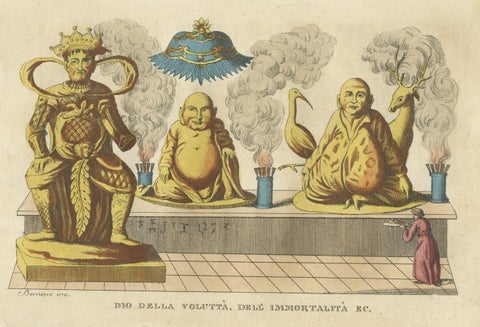 Antique Hand-Colored Print of Statues of Chinese Deities in China, 1823, close-up 1