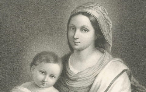 Madonna and Child with Rosary, Antique French Religious Print, c.1850, close-up 4