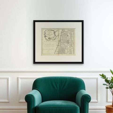 Antique Map of Northern Palestine with The Tribes of Israel. Dutch, 1763, shown framed on a wall, true to size