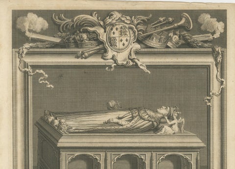 Antique Engraving Henry V Tomb Westminster Abbey, Vertue, c.1735, close-up 3