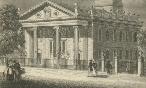 St Paul’s Broadway New York, Antique Engraving Church View, ca.1850, close-up 3