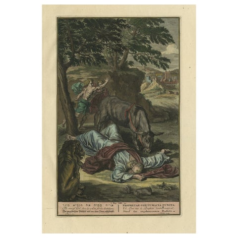 Original Antique Print Showing the Prophet Killed by a Lion 'I Kings XII', 1728
