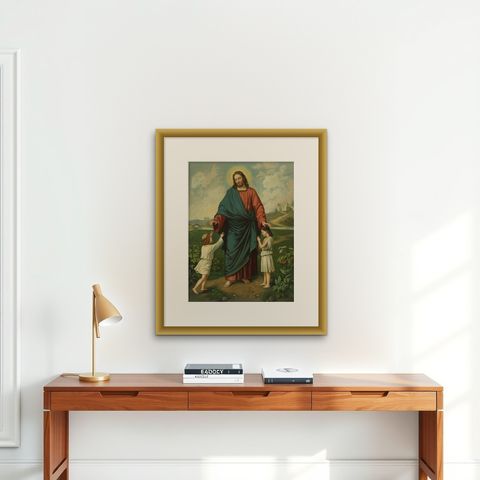 Antique Catholic Print of Jesus Blessing Children, Germany, c. 1890, shown framed on a wall, true to size