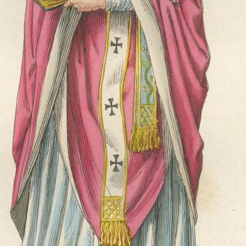 Religious Costume c.1400, Antique 1845 Print of Ecclesiastical Figure, close-up 6