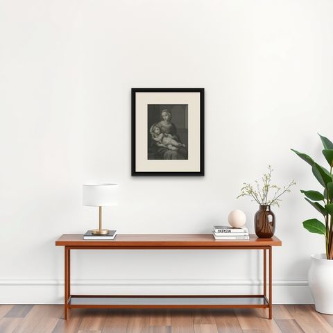 Madonna and Child, Stipple Engraving by Nargeot after Raphael, 1878, shown framed on a wall, true to size