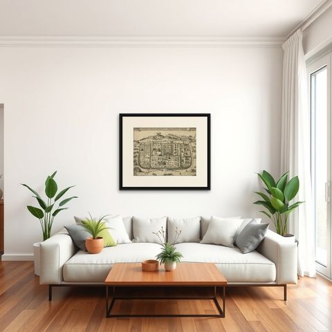 Spectacular Antique Original Engraving of a Town Plan of Jerusalem, 1708, shown framed in a room, true to size