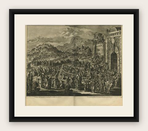 Antique Bible Print Jesus Sentenced to Be Crucified by J. Luyken, 1743, shown framed
