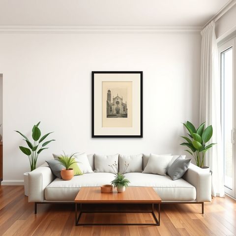 Pl. 26 Antique Print of Madonna dell'Orto in Venice, circa 1890, shown framed in a room, true to size