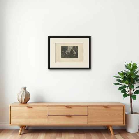 Antique Print of 'The Holy Family and Saints' Made after Titian 'c.1890', shown framed on a wall, true to size