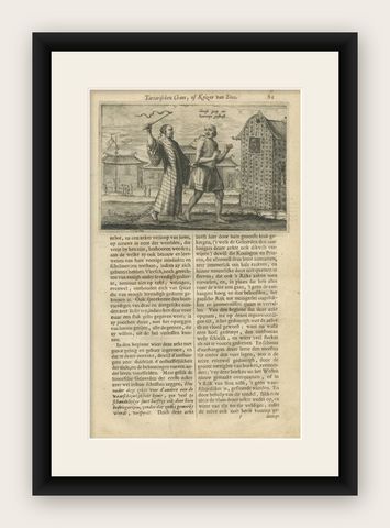 Antique Print of a Chinese Christian Being Punished by Nieuhof, 1665, shown framed