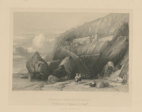 Antique Amalfi Coast Print, Capuchin Convent, Italian Coastal View, ca.1838, close-up 1