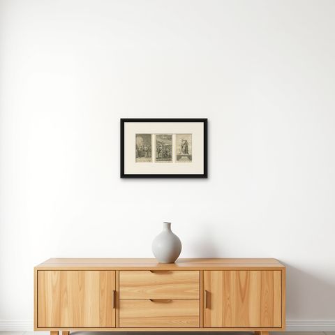 Three Old Engravings, Gospel Scenes and Apostles from St. Mark’s Account, 1735, shown framed on a wall, true to size