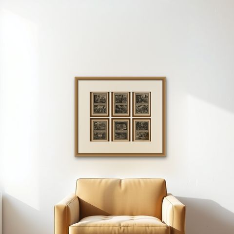 Creation of the World to Abraham Sacrifice, Genesis Engravings, 1700, shown framed on a wall, true to size