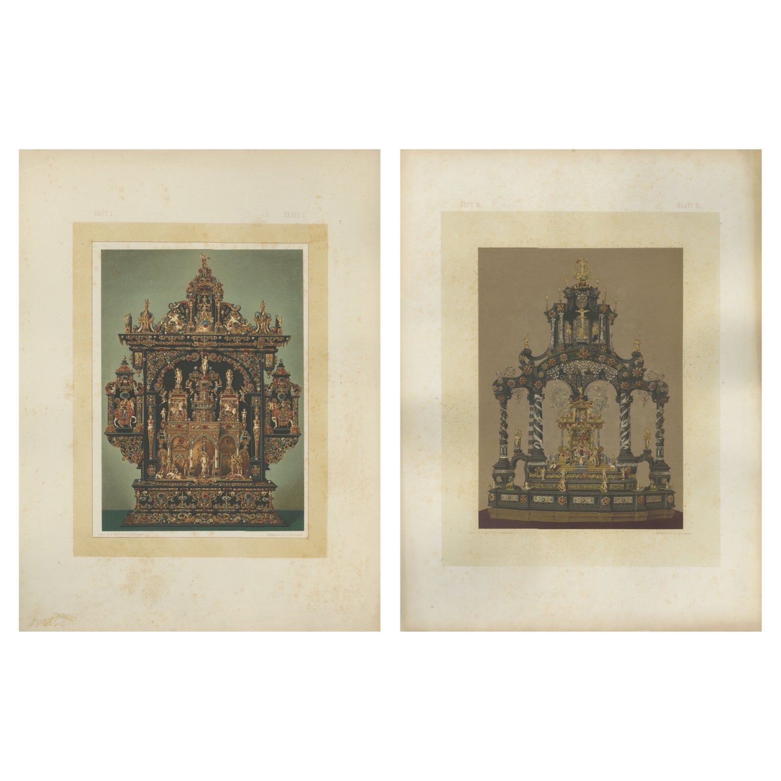 Pair Bavarian Royal Chapel Altar Shrines Chromolithographs, Munich, 1874