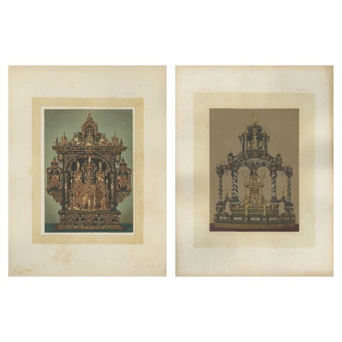 Pair Bavarian Royal Chapel Altar Shrines Chromolithographs, Munich, 1874