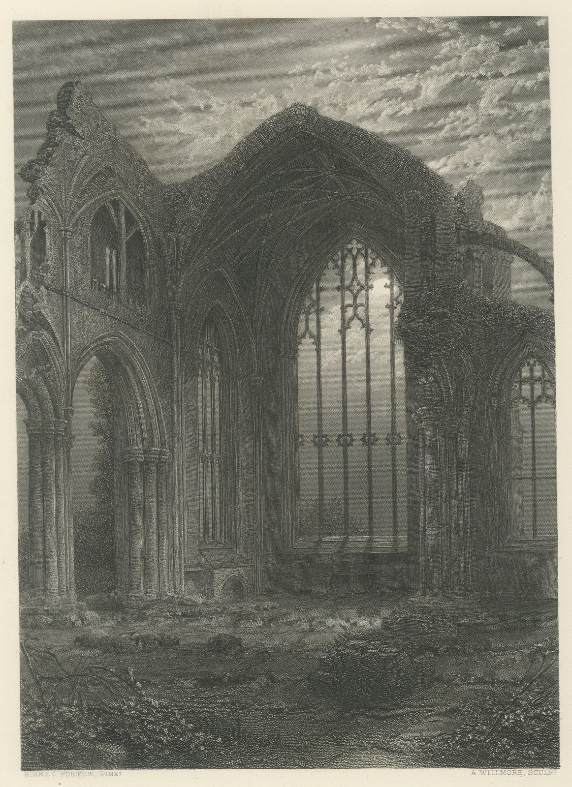 Melrose Abbey, Scotland, Antique Steel Engraving after Birket Foster, circa 1876