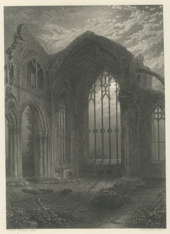 Melrose Abbey, Scotland, Antique Steel Engraving after Birket Foster, circa 1876