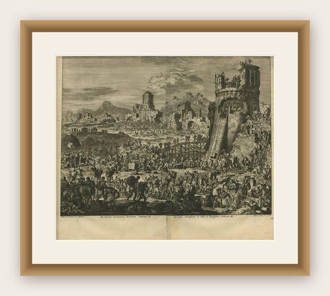 Antique Bible Print Rebuilding Jerusalem, 1743, shown framed