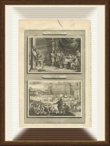 Dying Mattathias and Judas Maccabeus Restores the Temple, Mortier, circa 1700, shown framed