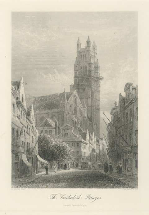 The Cathedral, Bruges, Antique Steel Engraving after E. George, circa 1878