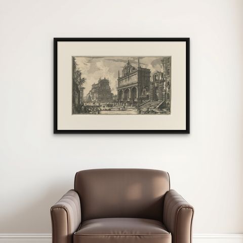 1751 Engraving of Roman Fountain and Church, Fountain of Moses and Santa Maria, shown framed on a wall, true to size