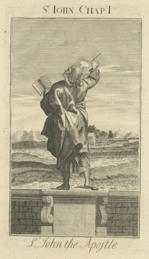 St. John Apostle Engraving, John I Evangelist with Gospel c.1735, close-up 5