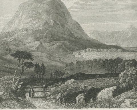 Antique Holy Land View of Mount Tabor in Galilee, Engraving, circa 1850, close-up 1