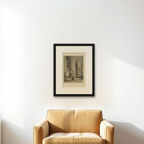 Antique Print of The Roman Catholic Cathedral in Fribourg, Switzerland, 1860, shown framed on a wall, true to size