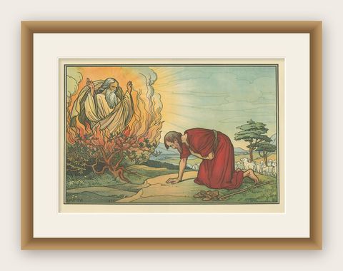 Antique Religion Print of Moses and the Burning Bush, 1913, shown framed