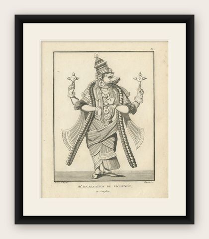 Historic 1806 Varaha Vishnu Boar Avatar Antique Print, Hindu Engraving, shown framed