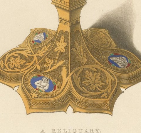 Medieval Reliquary, Gothic Church Treasure, Hand-Colored Engraving, ca.1850, close-up 6