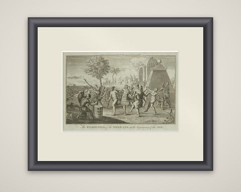 Old Engraving of Mexican Festivities and Rituals in the Age of Discovery, 1794, shown framed
